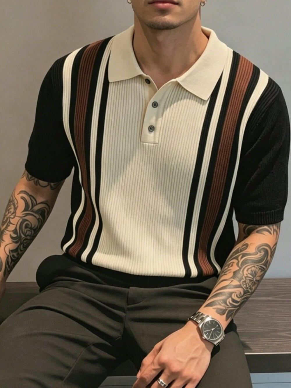 Black Casual Men's Striped Regular Fit Polo Collar Short Sleeve T-Shirt
